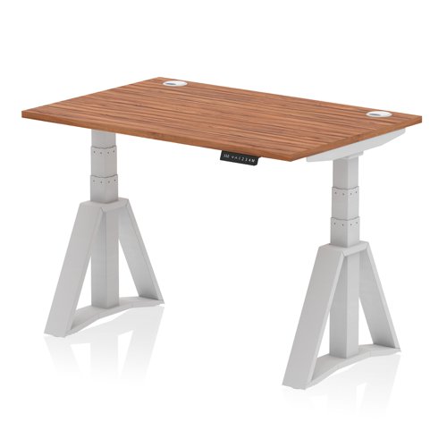 Air 1200 x 800mm Height Adjustable Office Desk Walnut Top Cable Ports Silver Leg with Piste Foot