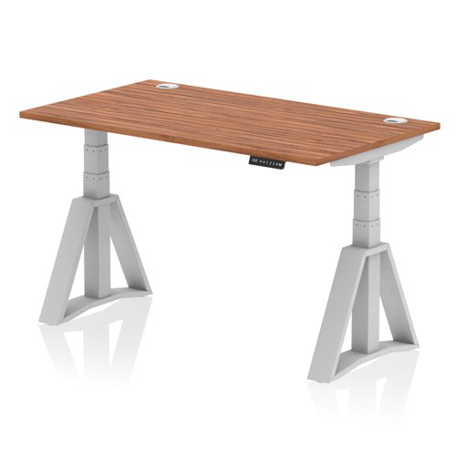 Air 1400 x 800mm Height Adjustable Office Desk Walnut Top Cable Ports Silver Leg with Piste Foot