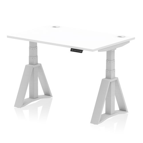 Air 1200 x 800mm Height Adjustable Office Desk White Top Cable Ports Silver Leg with Piste Foot