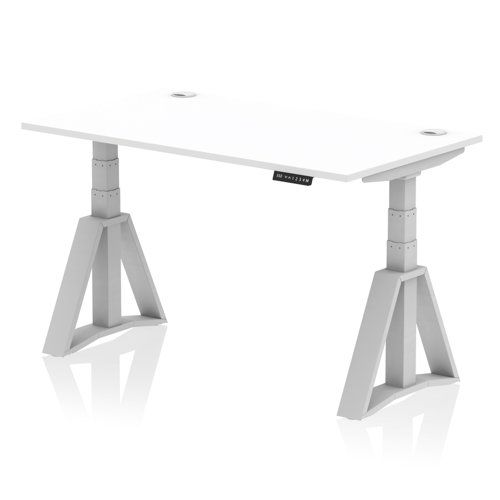 Air 1400 x 800mm Height Adjustable Office Desk White Top Cable Ports Silver Leg with Piste Foot