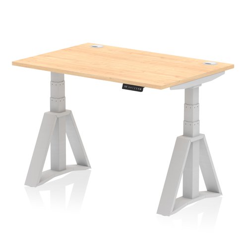 Air 1200 x 800mm Height Adjustable Office Desk Maple Top Cable Ports Silver Leg with Piste Foot