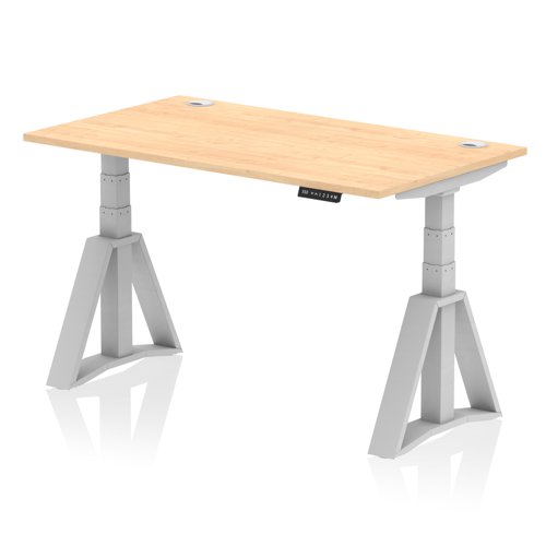 Air 1400 x 800mm Height Adjustable Office Desk Maple Top Cable Ports Silver Leg with Piste Foot