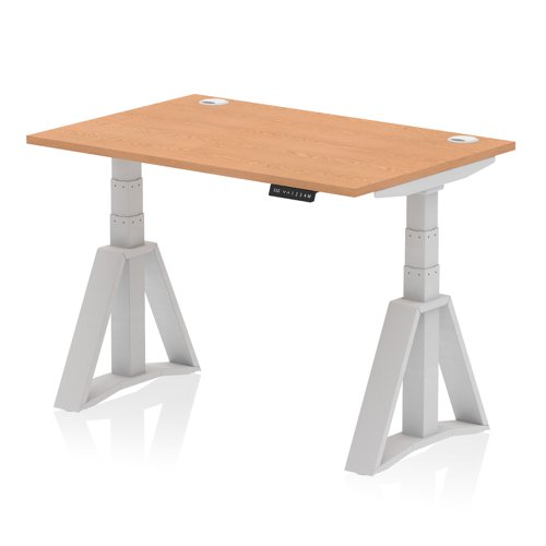 Air 1200 x 800mm Height Adjustable Office Desk Oak Top Cable Ports Silver Leg with Piste Foot