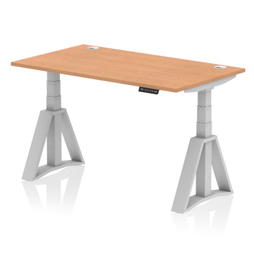 Air 1400 x 800mm Height Adjustable Office Desk Oak Top Cable Ports Silver Leg with Piste Foot