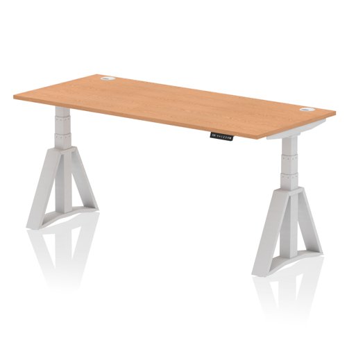 Air 1800 x 800mm Height Adjustable Office Desk Oak Top Cable Ports Silver Leg with Piste Foot