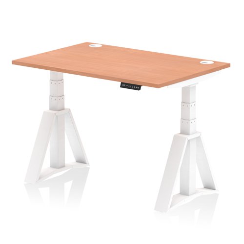 Air 1200 x 800mm Height Adjustable Office Desk Beech Top Cable Ports White Leg with Piste Foot