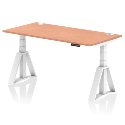 Air 1600 x 800mm Height Adjustable Office Desk Beech Top Cable Ports White Leg with Piste Foot