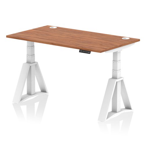 Air 1400 x 800mm Height Adjustable Office Desk Walnut Top Cable Ports White Leg with Piste Foot