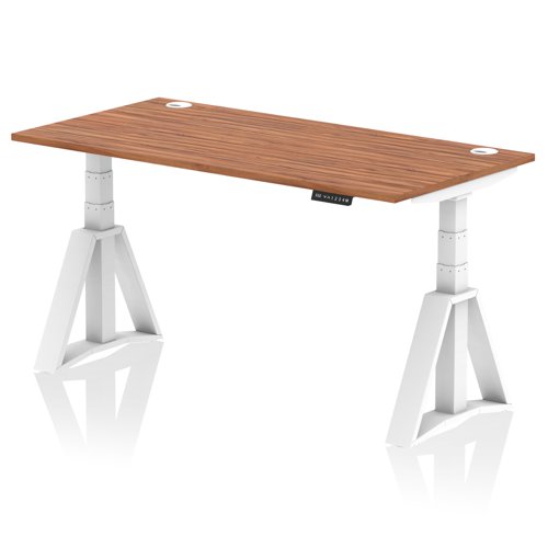 Air 1600 x 800mm Height Adjustable Office Desk Walnut Top Cable Ports White Leg with Piste Foot