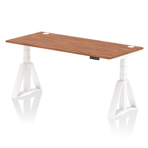 Air 1800 x 800mm Height Adjustable Office Desk Walnut Top Cable Ports White Leg with Piste Foot