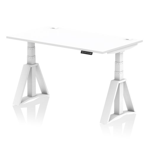 Air 1400 x 800mm Height Adjustable Office Desk White Top Cable Ports White Leg with Piste Foot