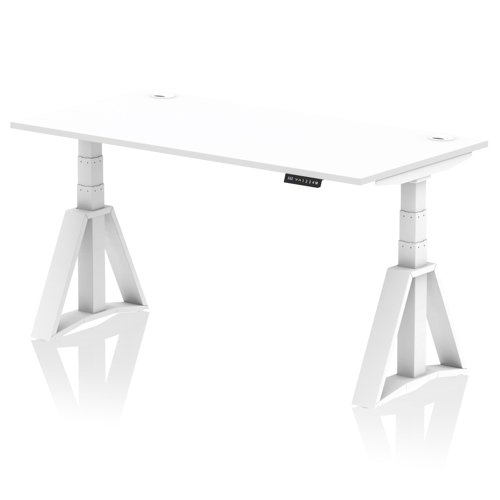 Air 1600 x 800mm Height Adjustable Office Desk White Top Cable Ports White Leg with Piste Foot