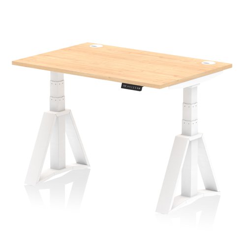 Air 1200 x 800mm Height Adjustable Office Desk Maple Top Cable Ports White Leg with Piste Foot