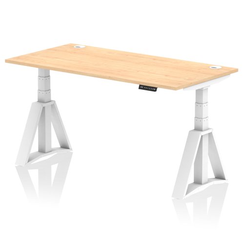 Air 1600 x 800mm Height Adjustable Office Desk Maple Top Cable Ports White Leg with Piste Foot