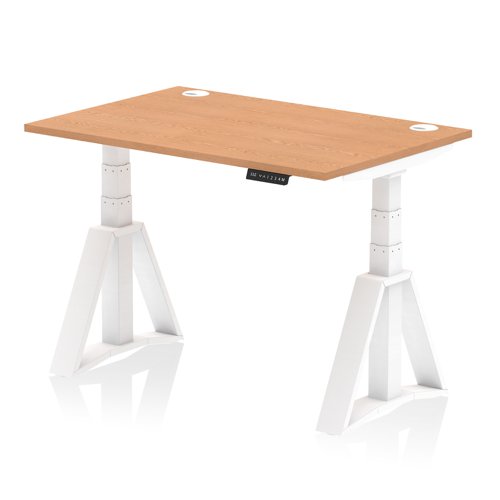 Air 1200 x 800mm Height Adjustable Office Desk Oak Top Cable Ports White Leg with Piste Foot