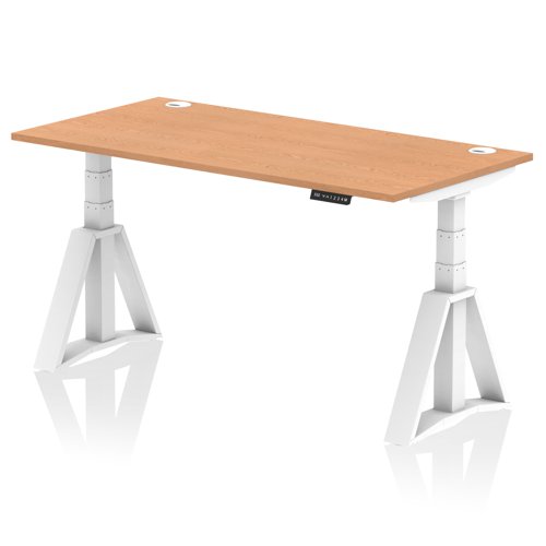 Air 1600 x 800mm Height Adjustable Office Desk Oak Top Cable Ports White Leg with Piste Foot