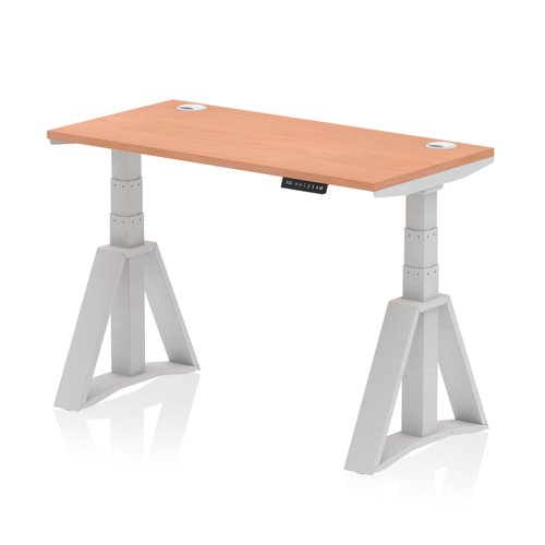 Air 1200 x 600mm Height Adjustable Office Desk Beech Top Cable Ports Silver Leg with Piste Foot