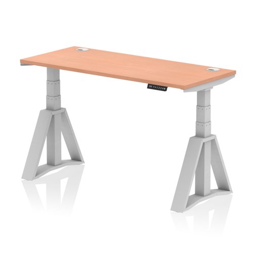 Air 1400 x 600mm Height Adjustable Office Desk Beech Top Cable Ports Silver Leg with Piste Foot