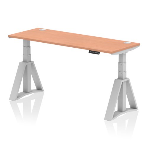 Air 1600 x 600mm Height Adjustable Office Desk Beech Top Cable Ports Silver Leg with Piste Foot