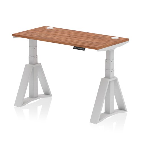 Air 1200 x 600mm Height Adjustable Office Desk Walnut Top Cable Ports Silver Leg with Piste Foot