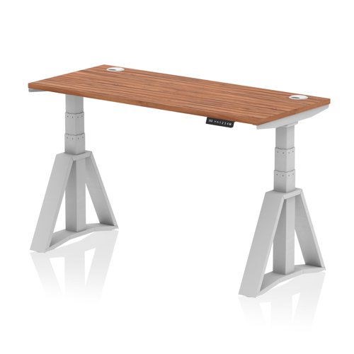 Air 1400 x 600mm Height Adjustable Office Desk Walnut Top Cable Ports Silver Leg with Piste Foot