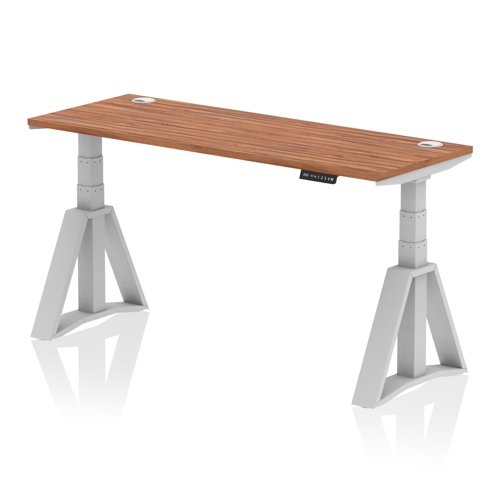 Air 1600 x 600mm Height Adjustable Office Desk Walnut Top Cable Ports Silver Leg with Piste Foot