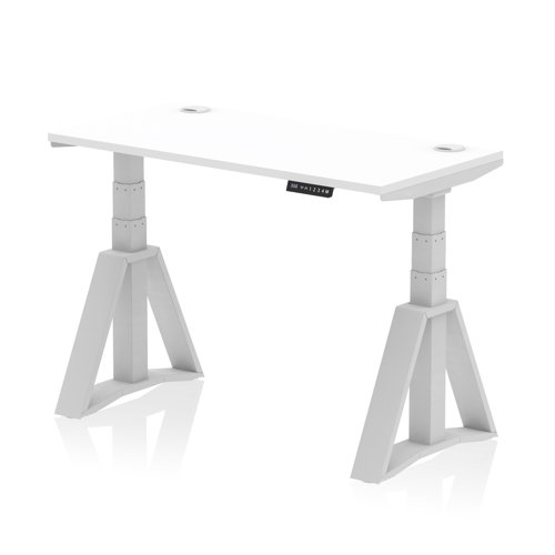 Air 1200 x 600mm Height Adjustable Office Desk White Top Cable Ports Silver Leg with Piste Foot