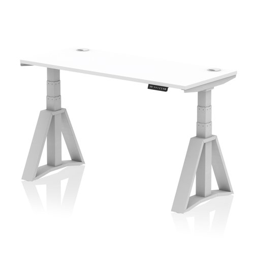 Air 1400 x 600mm Height Adjustable Office Desk White Top Cable Ports Silver Leg with Piste Foot