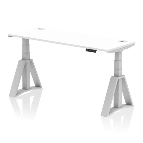 Air 1600 x 600mm Height Adjustable Office Desk White Top Cable Ports Silver Leg with Piste Foot