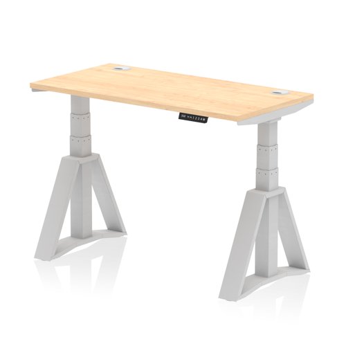 Air 1200 x 600mm Height Adjustable Office Desk Maple Top Cable Ports Silver Leg with Piste Foot