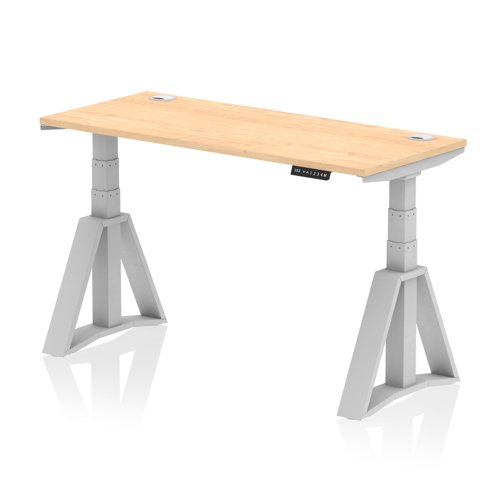 Air 1400 x 600mm Height Adjustable Office Desk Maple Top Cable Ports Silver Leg with Piste Foot
