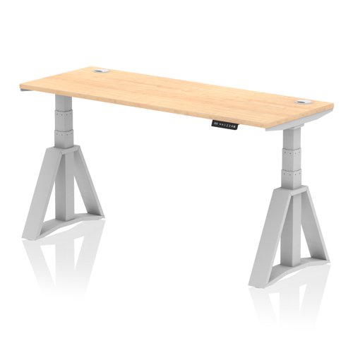 Air 1600 x 600mm Height Adjustable Office Desk Maple Top Cable Ports Silver Leg with Piste Foot