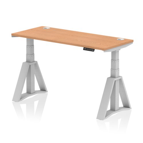 Air 1400 x 600mm Height Adjustable Office Desk Oak Top Cable Ports Silver Leg with Piste Foot