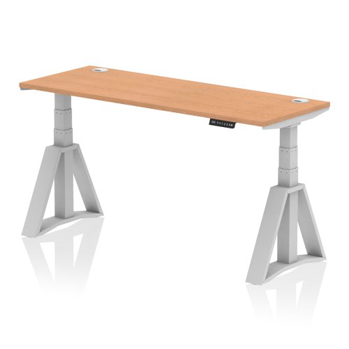 Air 1600 x 600mm Height Adjustable Office Desk Oak Top Cable Ports Silver Leg with Piste Foot