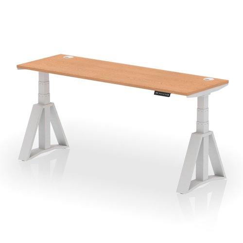 Air 1800 x 600mm Height Adjustable Office Desk Oak Top Cable Ports Silver Leg with Piste Foot