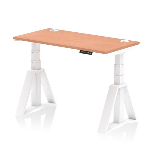 Air 1200 x 600mm Height Adjustable Office Desk Beech Top Cable Ports White Leg with Piste Foot