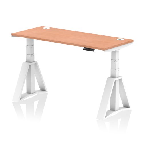 Air 1400 x 600mm Height Adjustable Office Desk Beech Top Cable Ports White Leg with Piste Foot