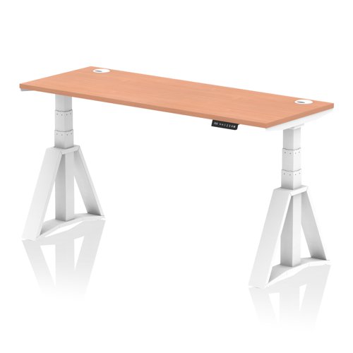 Air 1600 x 600mm Height Adjustable Office Desk Beech Top Cable Ports White Leg with Piste Foot