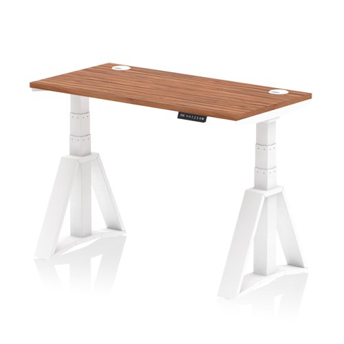 Air 1200 x 600mm Height Adjustable Office Desk Walnut Top Cable Ports White Leg with Piste Foot