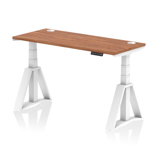 Air 1400 x 600mm Height Adjustable Office Desk Walnut Top Cable Ports White Leg with Piste Foot