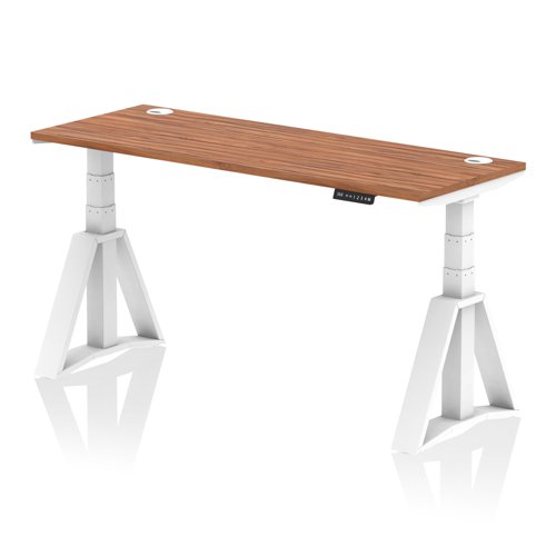 Air 1600 x 600mm Height Adjustable Office Desk Walnut Top Cable Ports White Leg with Piste Foot
