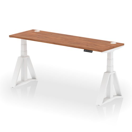 Air 1800 x 600mm Height Adjustable Office Desk Walnut Top Cable Ports White Leg with Piste Foot
