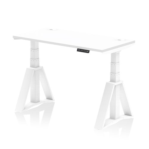 Air 1200 x 600mm Height Adjustable Office Desk White Top Cable Ports White Leg with Piste Foot
