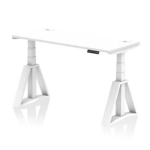 Air 1400 x 600mm Height Adjustable Office Desk White Top Cable Ports White Leg with Piste Foot