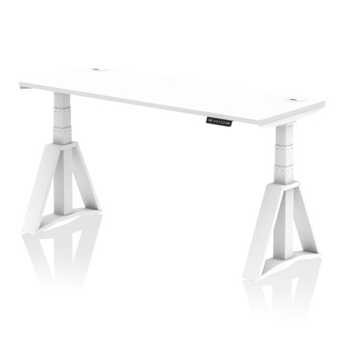 Air 1600 x 600mm Height Adjustable Office Desk White Top Cable Ports White Leg with Piste Foot