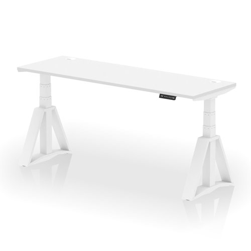 Air 1800 x 600mm Height Adjustable Office Desk White Top Cable Ports White Leg with Piste Foot