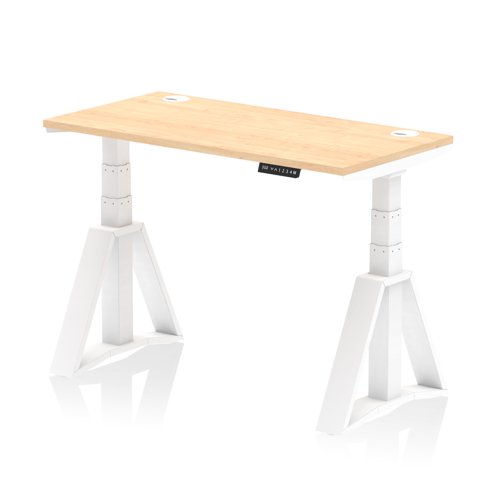 Air 1200 x 600mm Height Adjustable Office Desk Maple Top Cable Ports White Leg with Piste Foot