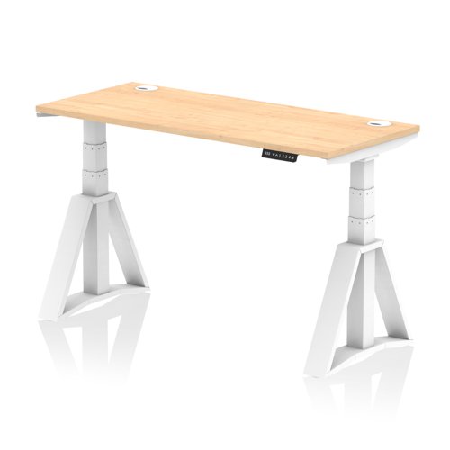 Air 1400 x 600mm Height Adjustable Office Desk Maple Top Cable Ports White Leg with Piste Foot