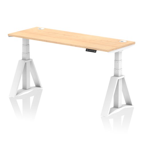 Air 1600 x 600mm Height Adjustable Office Desk Maple Top Cable Ports White Leg with Piste Foot
