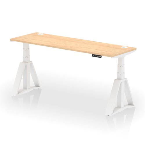 Air 1800 x 600mm Height Adjustable Office Desk Maple Top Cable Ports White Leg with Piste Foot